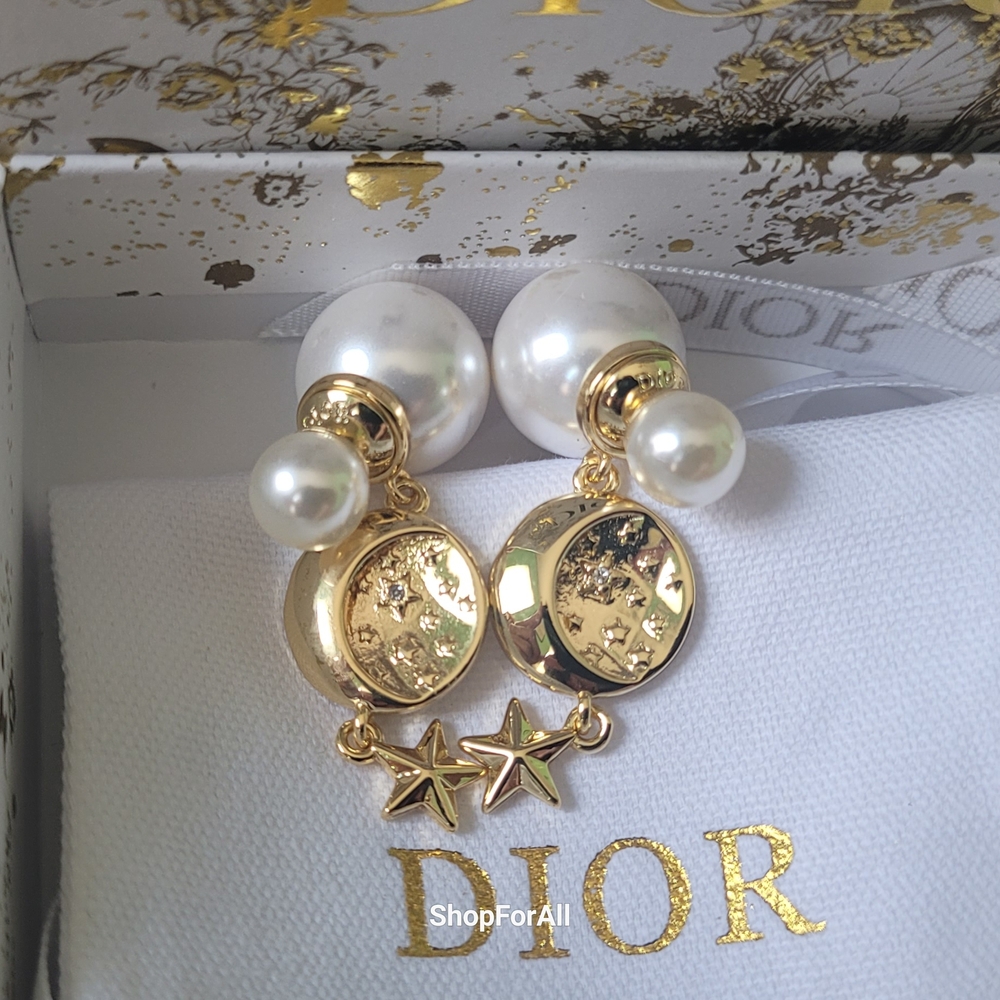 Dior Gold and White Moon & Star Earrings